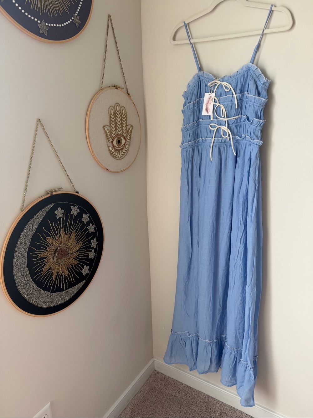 Blue spaghetti strap maxi dress with cream bow Bodice